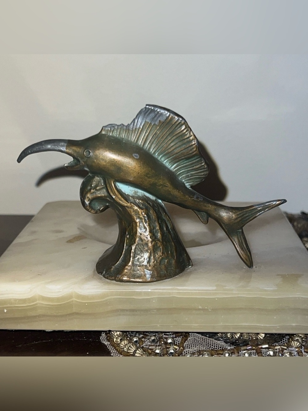 A bronze Fish/shark mounted on a marble coin or pin dish.Art Deco
